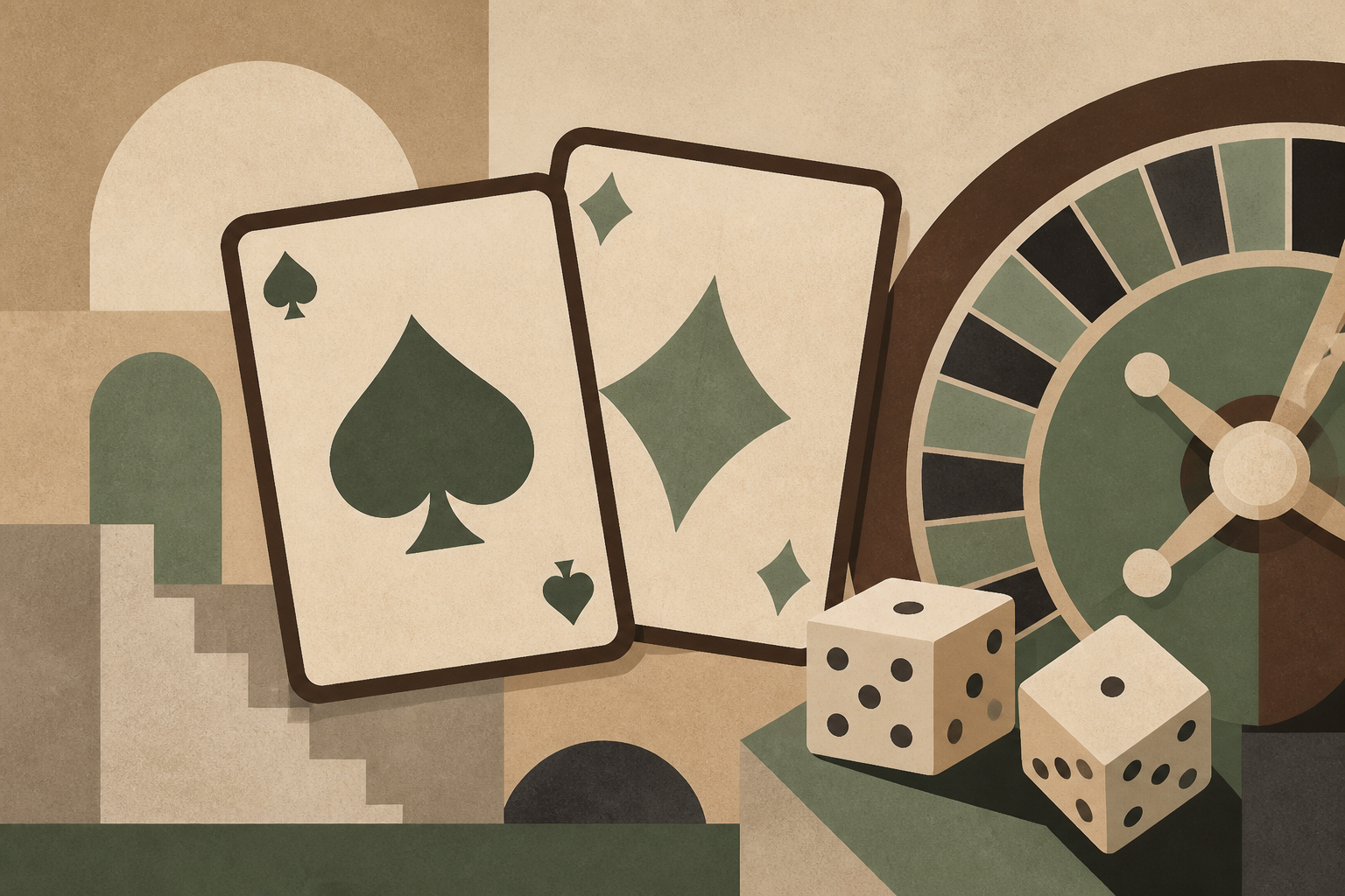 Geometric editorial illustration of cards, dice and a roulette segment