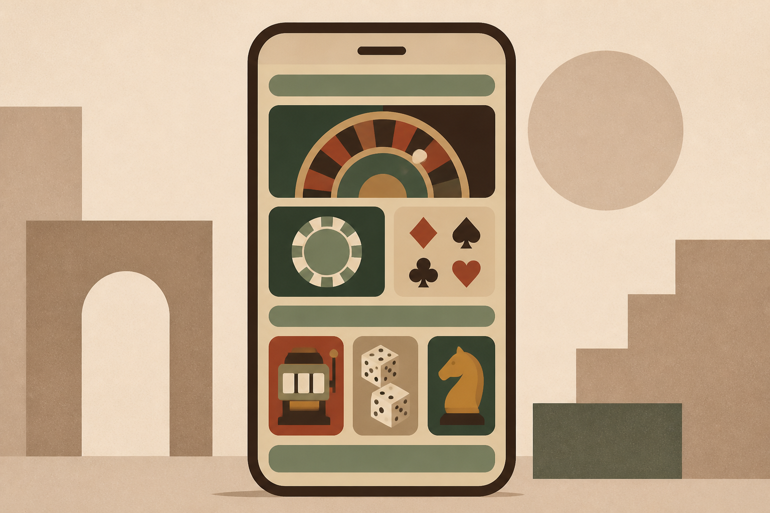 Geometric illustration of a phone showing abstract casino interface tiles